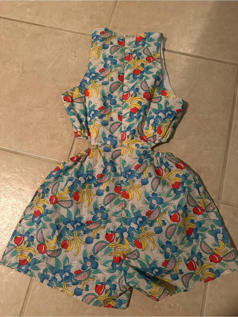 Women’s White Floral & Fruit Cutout Romper - Blue/Yellow/Red Small - Picture 2 of 6